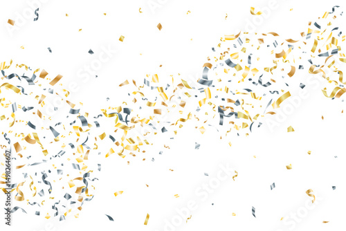 Silver gold flying confetti vector background. Party blazing striking decor. New year 2023 confetti streamers. Award or gift decor particles. Luxury gold silver tinsels.