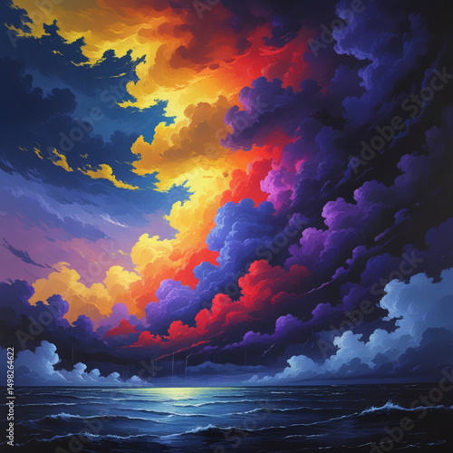 Yellow orange red purple violet blue clouds. Storm hurricane thunderstorm rain wind. Dark colorful
