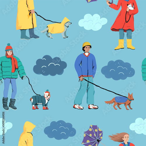 People walk dogs in bad weather. A walk with a dog in the fall and winter in the rain on a cold day. Vector seamless pattern