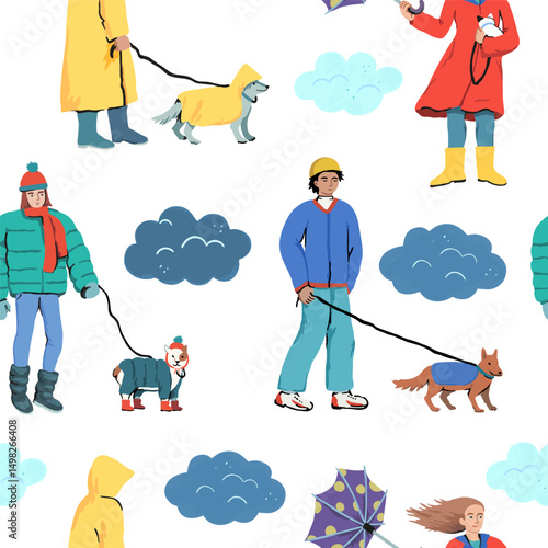 People walk dogs in bad weather. A walk with a dog in the fall and winter in the rain on a cold day. Vector seamless pattern