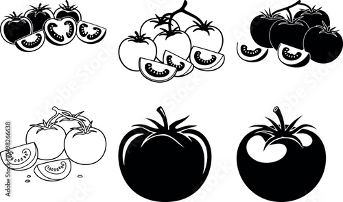 Fresh tomatoes whole slices black and white illustration