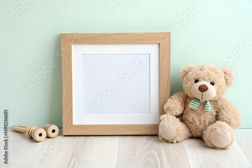 Blank wooden frame with teddy bear baby nursery decor