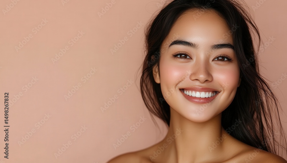 Radiant woman smiling, showcasing healthy teeth and skin. Radiant woman smiling, showcasing healthy teeth and skin.
