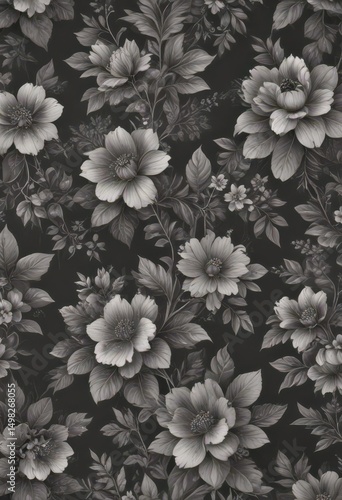 Subtle charcoal floral wallpaper  Delicate blooms & foliage in seamless vintage pattern , art, home decor, classic