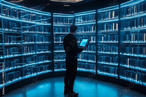 Android exploring library of coded memories the multiverse digital shelves stretching infinitely