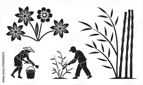 Asian farmers tending plants bamboo flowers gardening