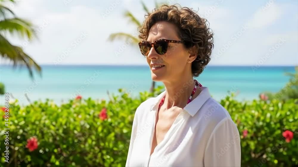 Side perspective of someone adjusting sunglasses in front of a tropical background, composition favoring right third, bright and airy