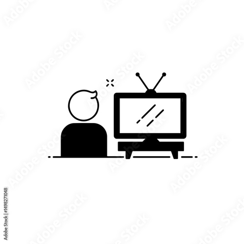 Frustrated person watching a broken television from behind, minimalist line art style on a white background, concept of media services or electronics repair
