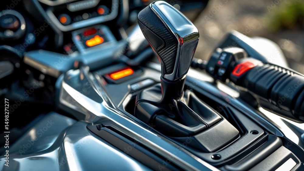 Gear shift of a three-wheeled roadster in neutral setting. Gear shift of a three-wheeled roadster in neutral setting.