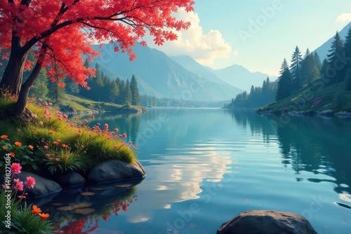 Abstract floral motif subtly overlaid on rippling lake, waves, photo