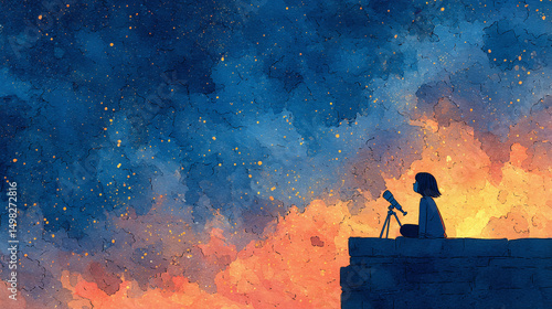 Indian girl observing stars with telescope on rooftop at night