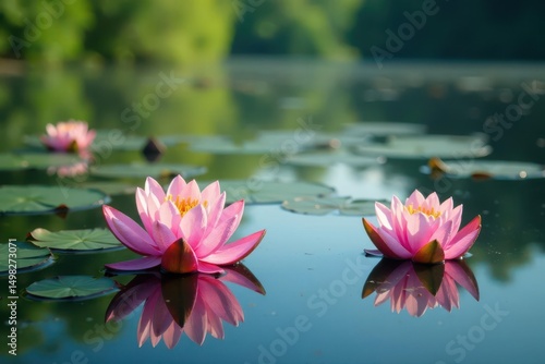 Water lilies form a floral pattern on calm lake surface, vibrant, natural
