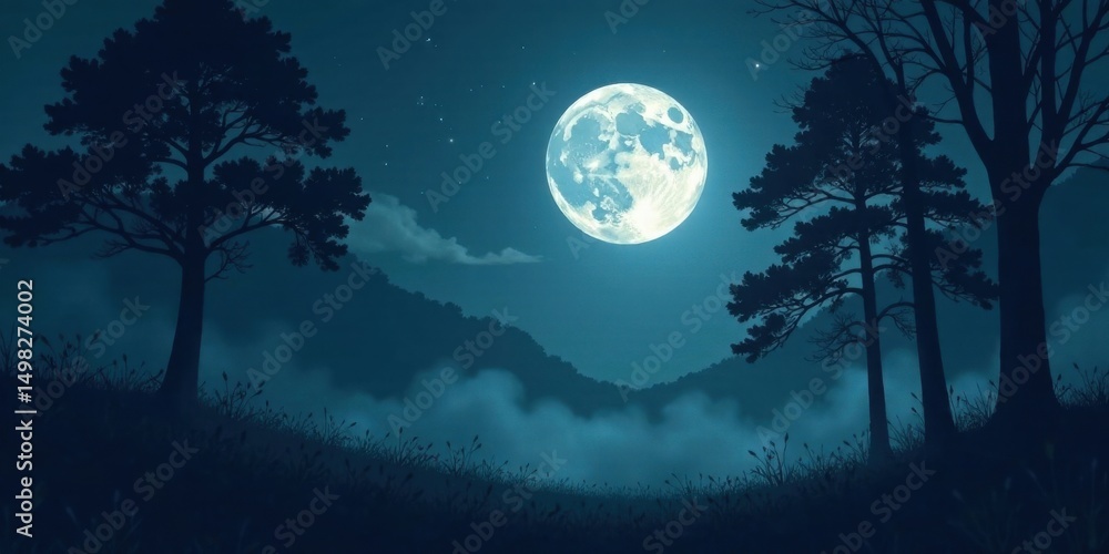 Naklejka premium Serene Nighttime Landscape Featuring Majestic Trees Silhouetted Against a Full Moon and Misty Hills