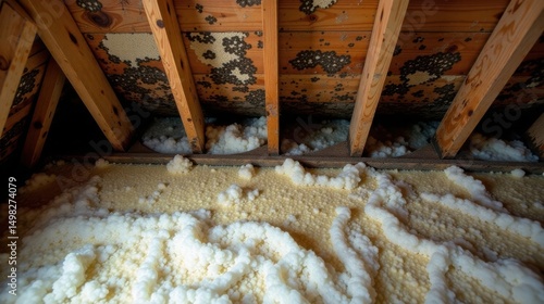 Close-up view of attic insulation showing significant mold growth and potential moisture damage on wooden beams