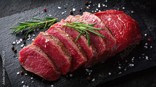 Raw beef slices with rosemary, salt and pepper on black slate, close-up gourmet ingredient styling for meat and grill-related visuals