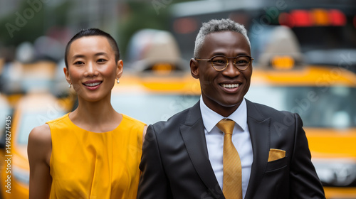 Colleagues in formal attire walking and chatting through Manhattan, yellow cabs and city energy in the background Manhattan business walk, professional dialogue, New York workplace