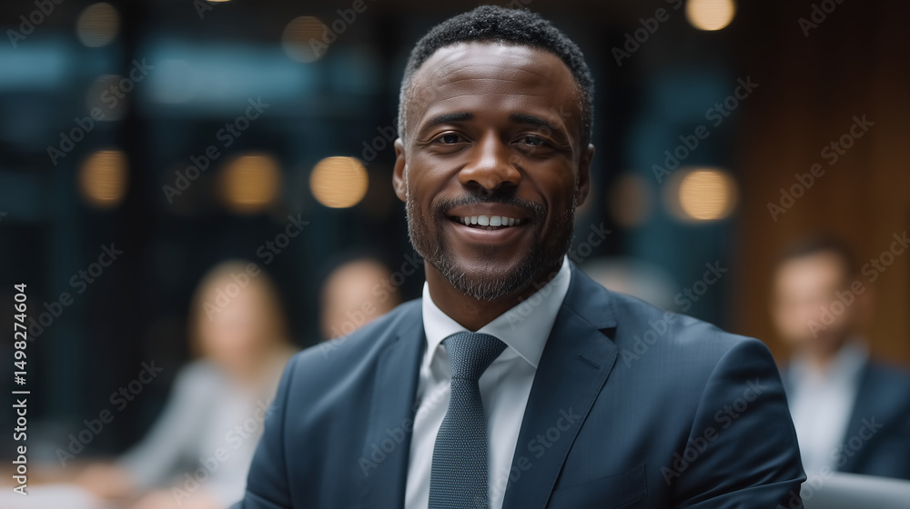 Smiling businessman standing at the head of a conference table, confidently leading a meeting with his team in a modern office business leadership, team meeting, office collaborati Smiling businessman standing at the head of a conference table, confidently leading a meeting with his team in a modern office business leadership, team meeting, office collaborati