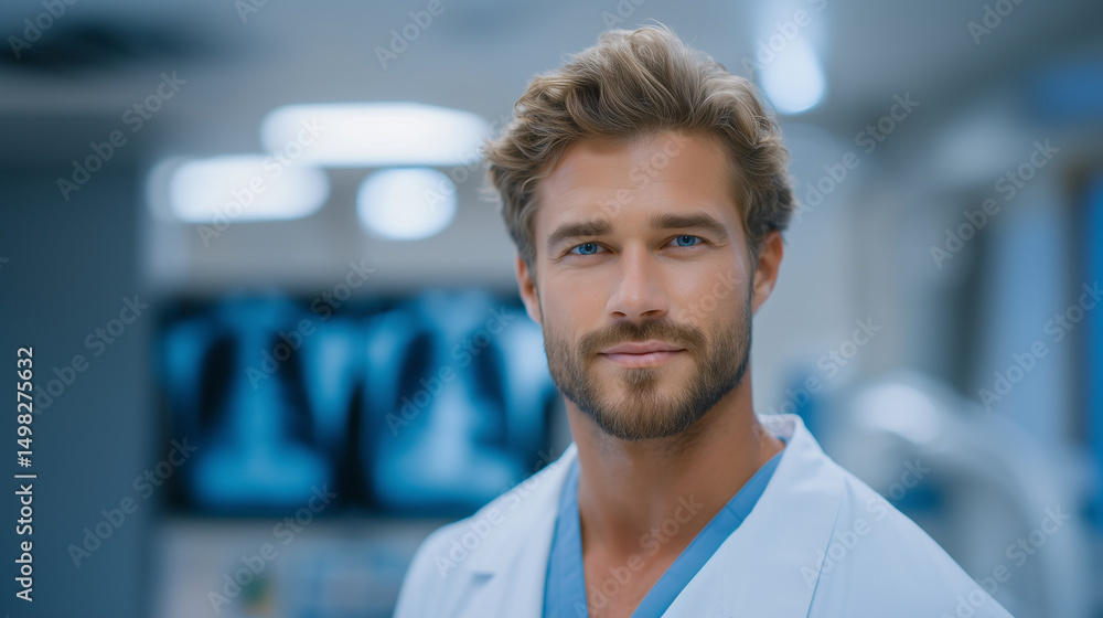 Handsome physician focused on analyzing an X-ray scan, standing in a clinical setting with medical equipment in the background X-ray interpretation, young doctor portrait, medical Handsome physician focused on analyzing an X-ray scan, standing in a clinical setting with medical equipment in the background X-ray interpretation, young doctor portrait, medical