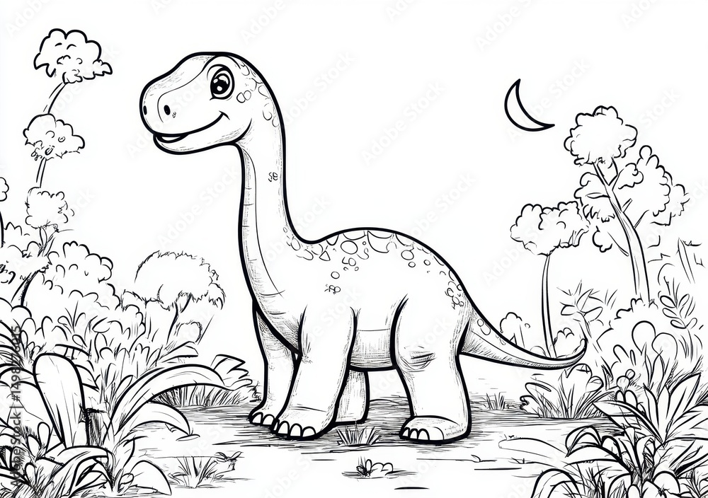 Fototapeta premium 線画の可愛い恐竜、夜空の下の植物の中
