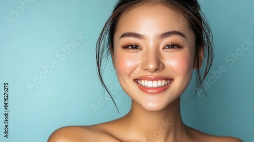 Radiant woman's joyful expression against a soft backdrop.