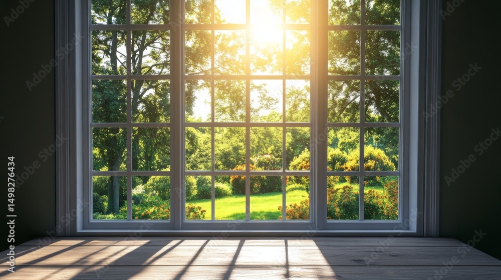 Obraz premium Bright sunlight streaming through a window into a lush green garden in mid-afternoon