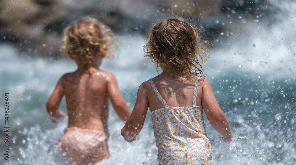 Obraz premium Beautiful girls enjoying summer and sea water swimming clothes.