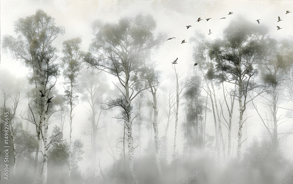 Obraz premium A geographical photograph shows a forest of Sycamore trees with the sky visible and birds in light beige, green, and pastel blue colors. The picture shows the magnificence of nature with tall trees.