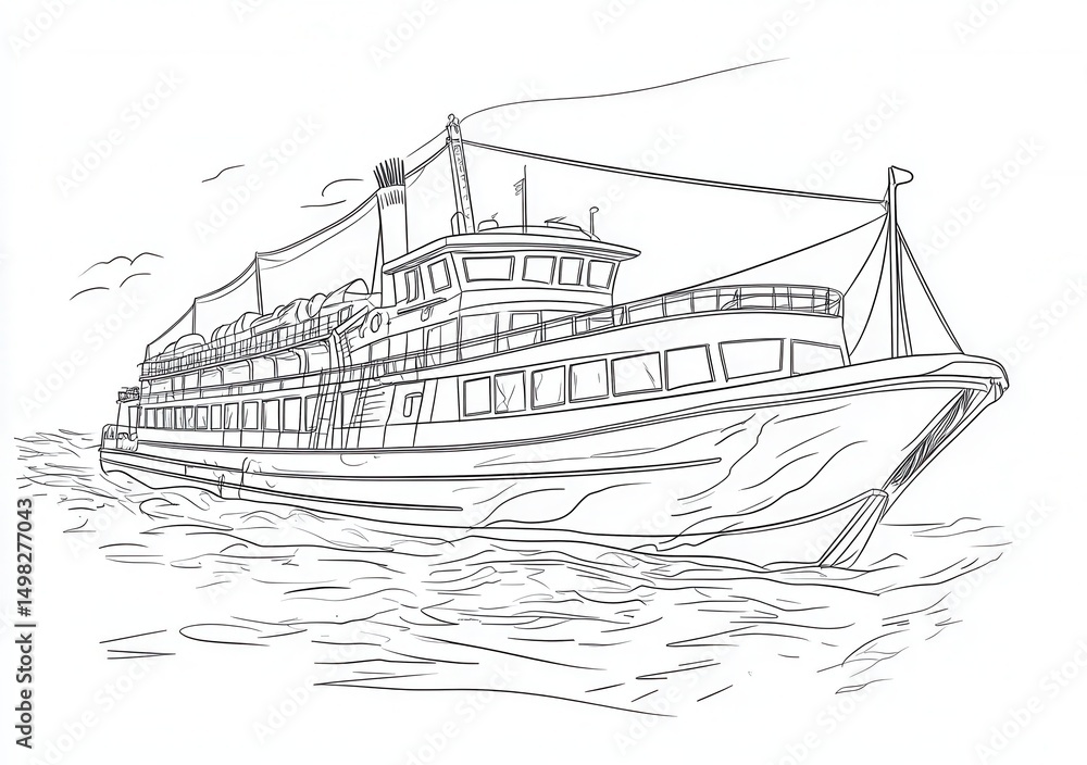 Obraz premium 汽船のスケッチ、優雅な船旅、モノクロイラストレーション