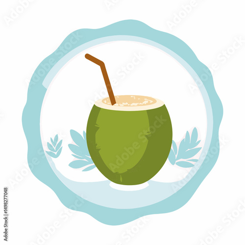 Coconut drink illustration with a straw surrounded by tropical leaves in a vibrant style, summer refreshment concept of cafes or beach bars