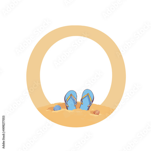 Illustration of blue flip-flops partially buried in sand, accompanied by colorful seashells, circular sunlight background, summer holiday concept of beach resorts or vacation planning