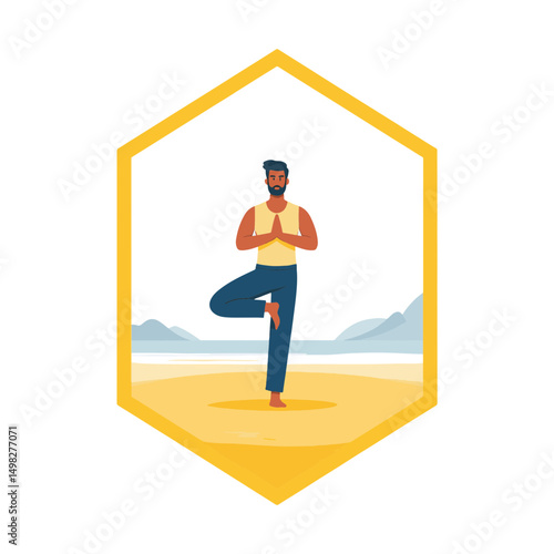 Meditating man practicing yoga on the beach during summer with a serene ocean background, wellness concept of vacation or fitness retreats