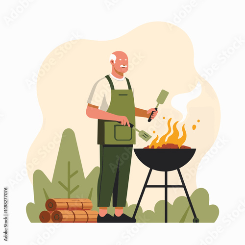 Smiling elderly man grilling meat on barbecue outdoors surrounded by greenery and wooden logs, summer holiday at grandma's concept of family gatherings or outdoor dining
