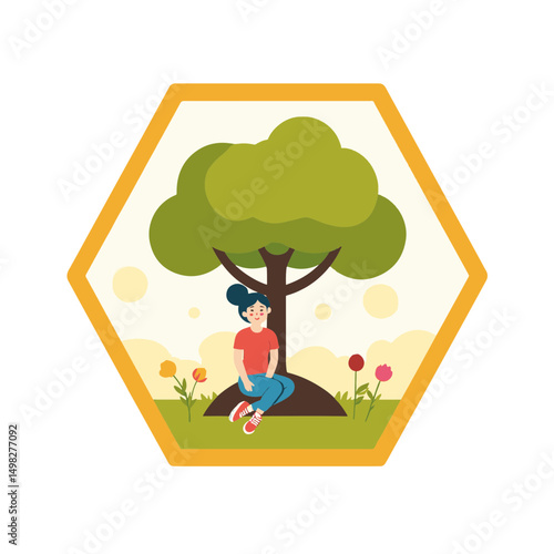 Cheerful young woman sitting peacefully under a tree surrounded by colorful flowers in a serene outdoor setting, nature concept of wellness or relaxation