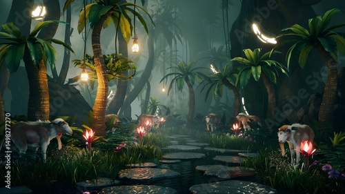 forest looking magical at night lights hanging on the all trees. Ai generated image