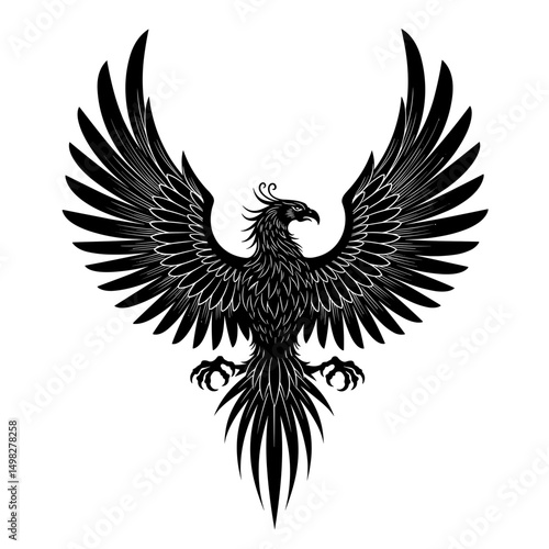 Black phoenix icon with spread wings for tattoo or branding