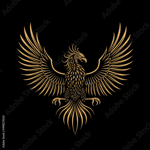 Golden phoenix icon on black background for logo or tattoo use