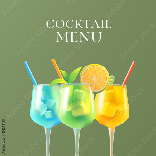 Cocktail menu. Banner for web design. 3D cocktails in glass glasses, fruits, and mint. For advertising concepts and promotion of refreshing drinks. Vector illustration.