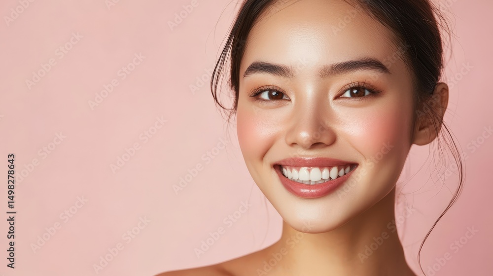 Obraz premium Smiling woman with flawless complexion against a soft pink background.