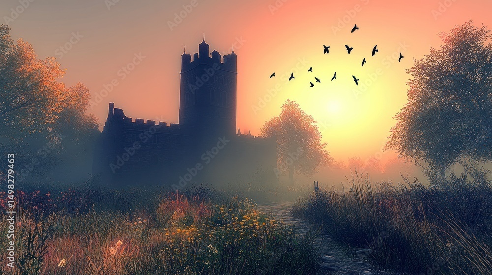 Fototapeta premium Misty morning landscape with a historic castle silhouette.