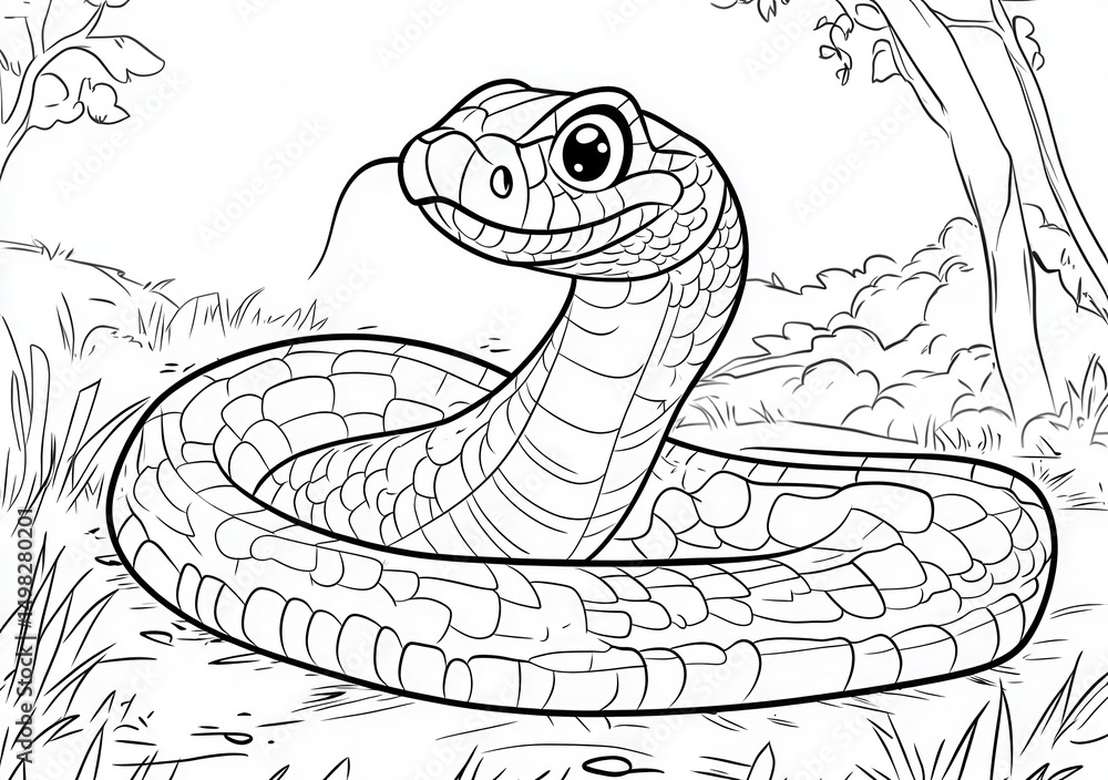 Fototapeta premium 線画のヘビ、自然環境、動物イラスト、爬虫類