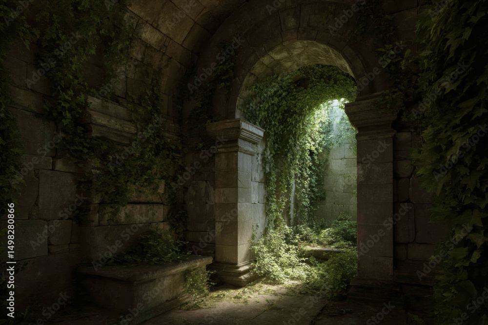 Fototapeta premium Ancient ruins covered with lush vegetation. Inside view of abandoned temple. Stone walls covered with creeper plants.