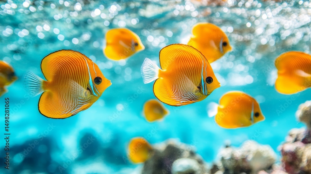 Fototapeta premium Colorful orange fish swim among coral in a vibrant underwater scene during daylight