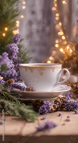 Wallpaper Mural A cup of tea sits on a wooden table with lavender flowers and pine cones in the foreground string lights and greenery in the background 4K vertical Torontodigital.ca