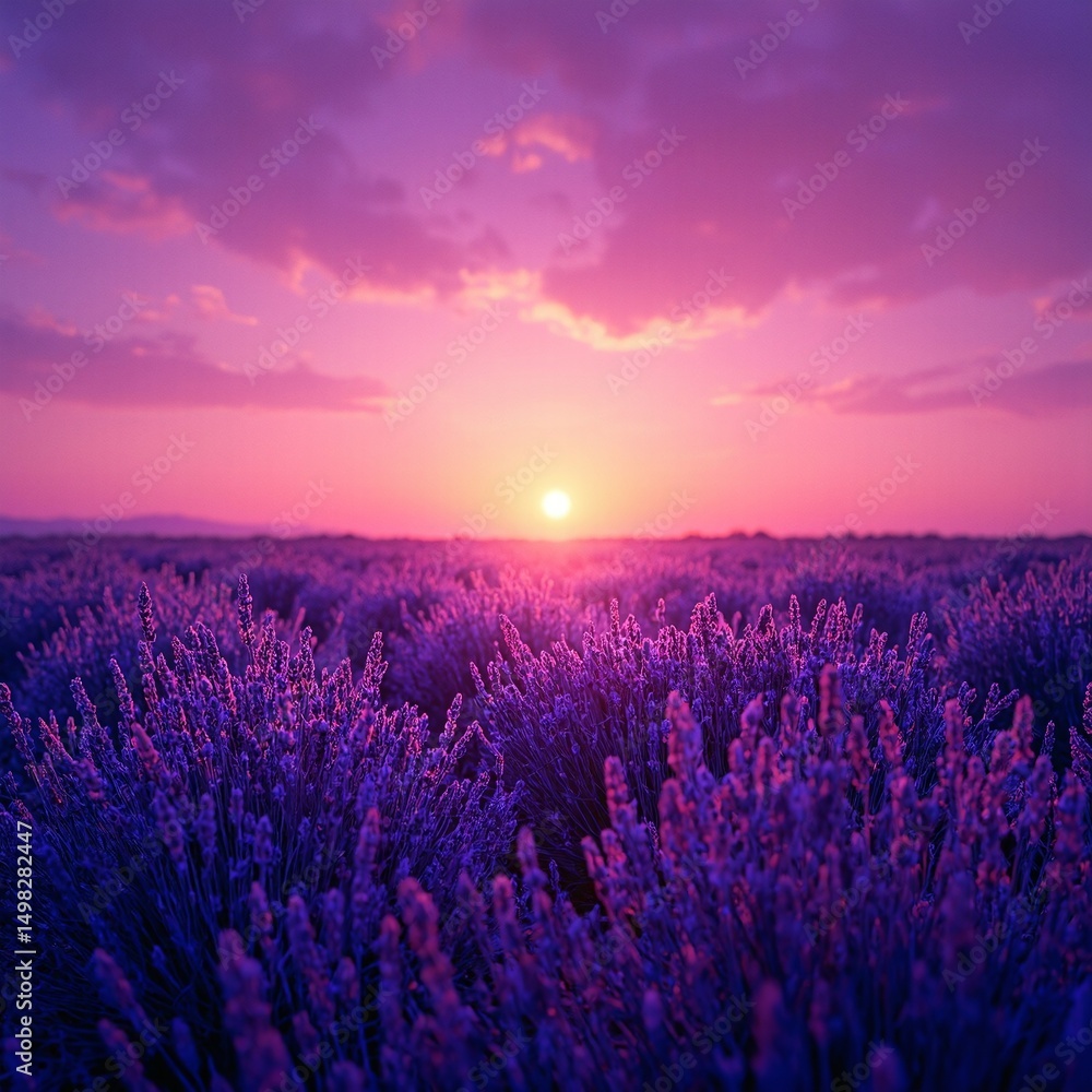 Naklejka premium Vibrant lavender field at sunset with cinematic purple hues and blooming light effects