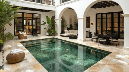 Luxurious courtyard pool.  Tranquil oasis with a refreshing pool  surrounded by elegant furnishings  and lush greenery.  A perfect indoor outdoor space for relaxation