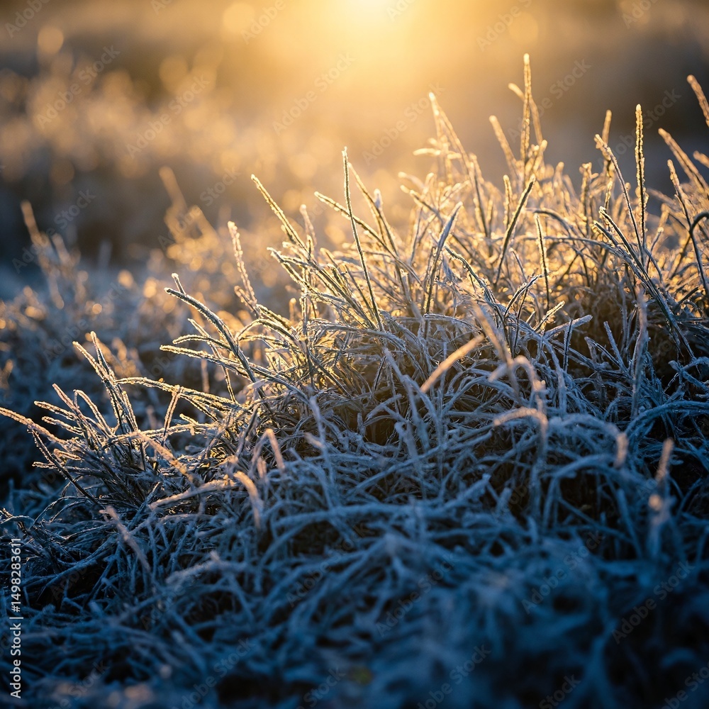 Fototapeta premium Majestic sunrise over frosty grass glistening in golden light an ethereal winter scene captured in shades of blue