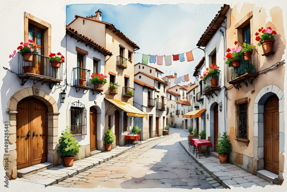 Fototapeta premium Narrow street lined with whitewashed houses and balconies filled with flowers. Laundry hangs between buildings in this vibrant Mediterranean village scene.