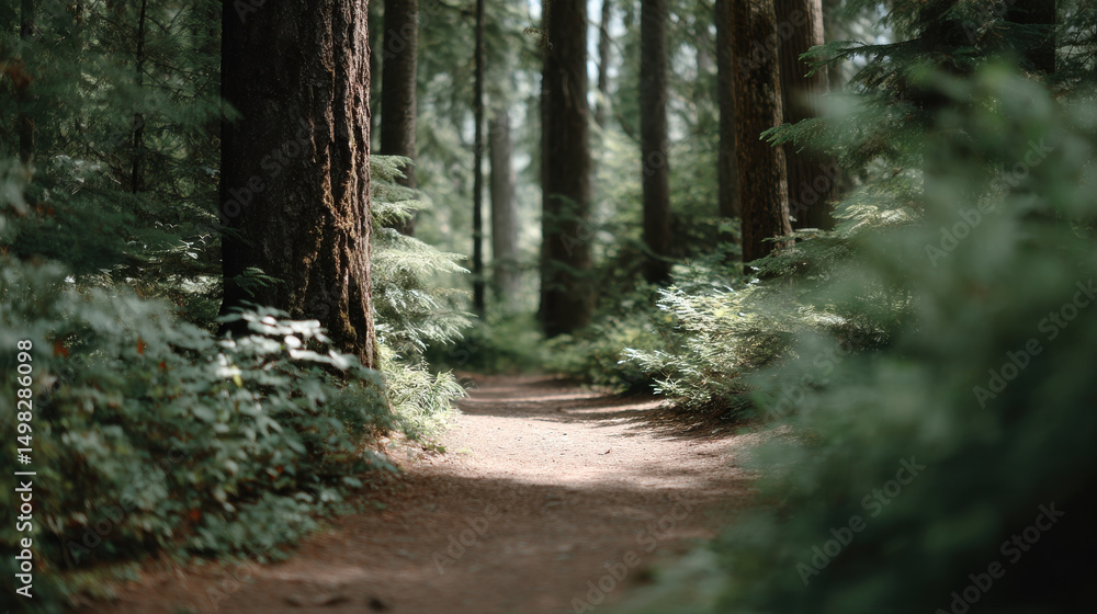Naklejka premium serene forest trail in british columbia surrounded by towering trees and lush greenery