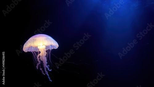 Single Jellyfish Floating in Deep Blue Ocean with Tentacles Extended
