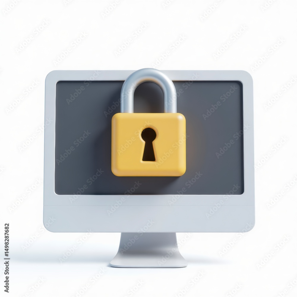 Secure Computer: Yellow Padlock on Monitor for Data Protection Secure Computer: Yellow Padlock on Monitor for Data Protection